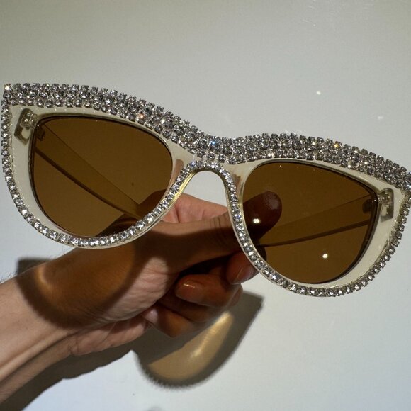 SALE!  Sunglasses Blinged Out Rhinestones Encrusted Clear Cat Eye Brown Lenses